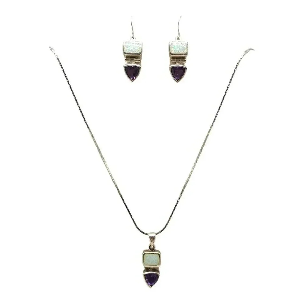 925 Sterling Silver Amethyst Opal Geometric Pendant Chain Necklace Earrings Set